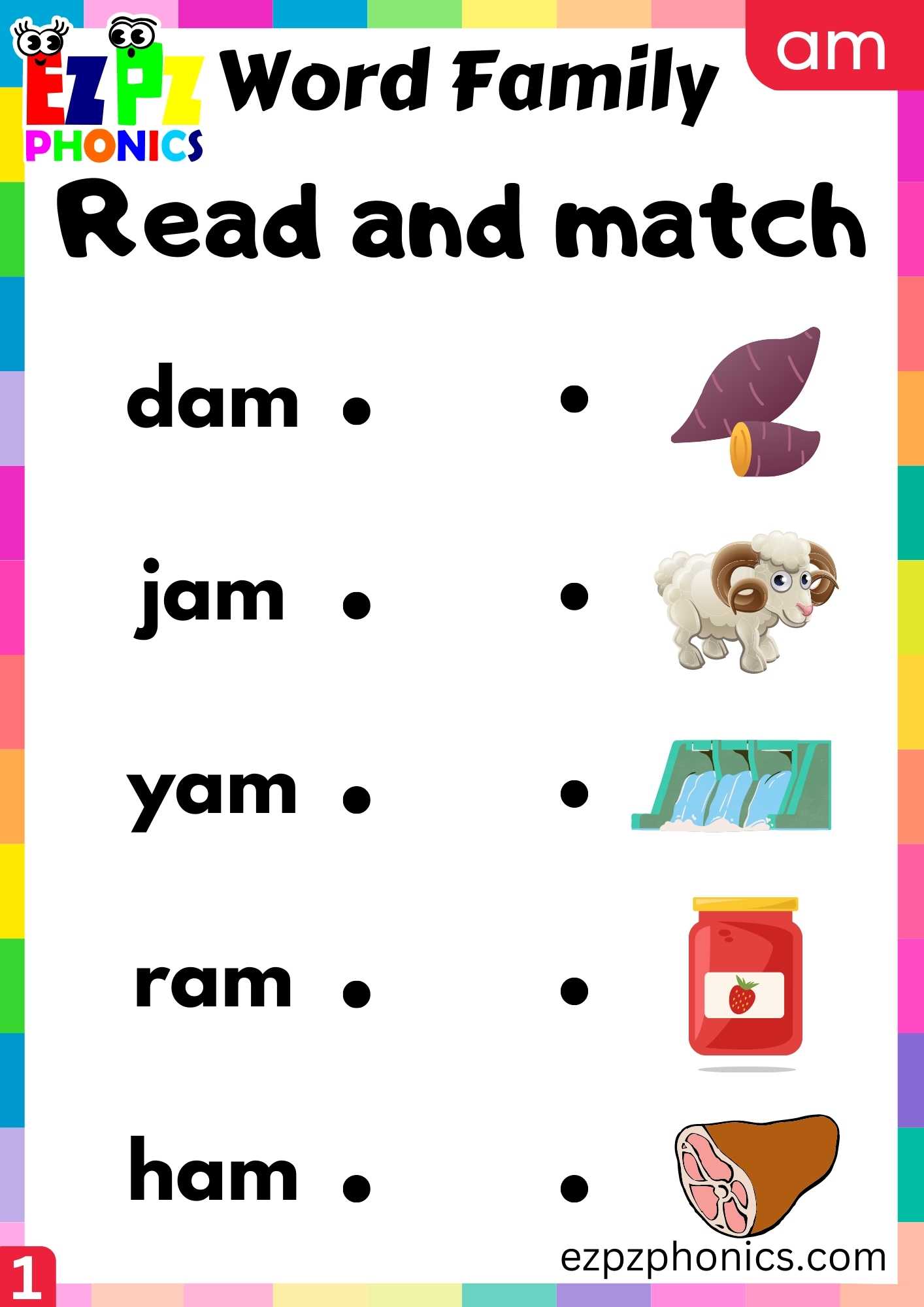 AM Words Read And Match Phonics Word Families Worksheet
